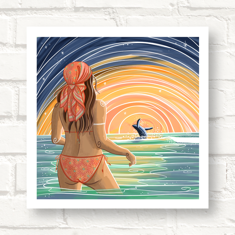 Cornwall Studios Art Print - Sunset Beauty - woman in ocean watching a whale breach