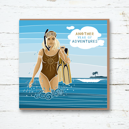 Cornwall Studios Birthday Card of a woman walking out of the water with Scuba equipment