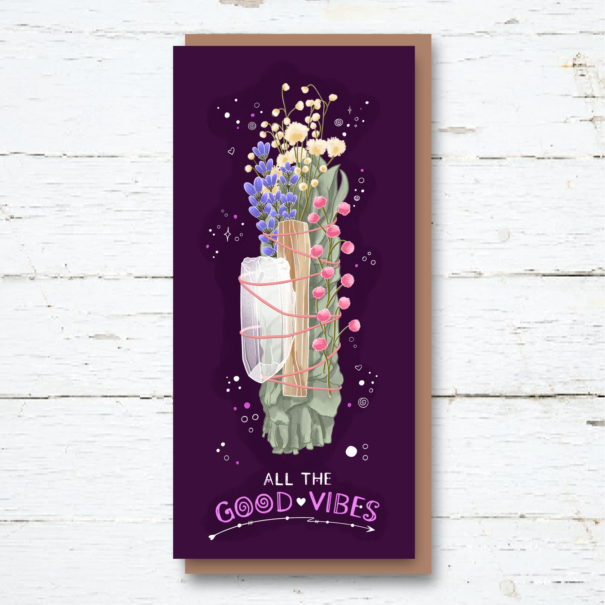 Good Vibes Greetings Card, Smudge Stick Illustration