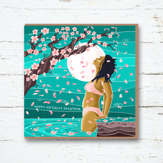 Cherry Blossom Moon Swim Birthday Card
