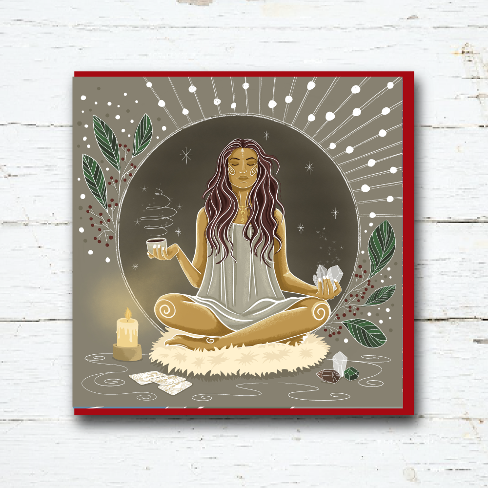 Honouring greetings card, meditation, yoga, sacred cacao, crystals, candles