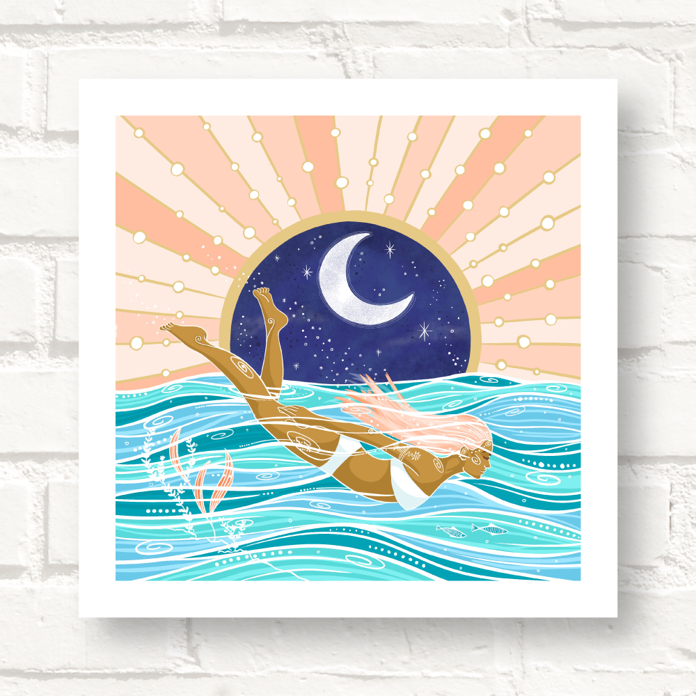 Cornwall Studios Sea Swim Art Print Midnight Diving in the ocean