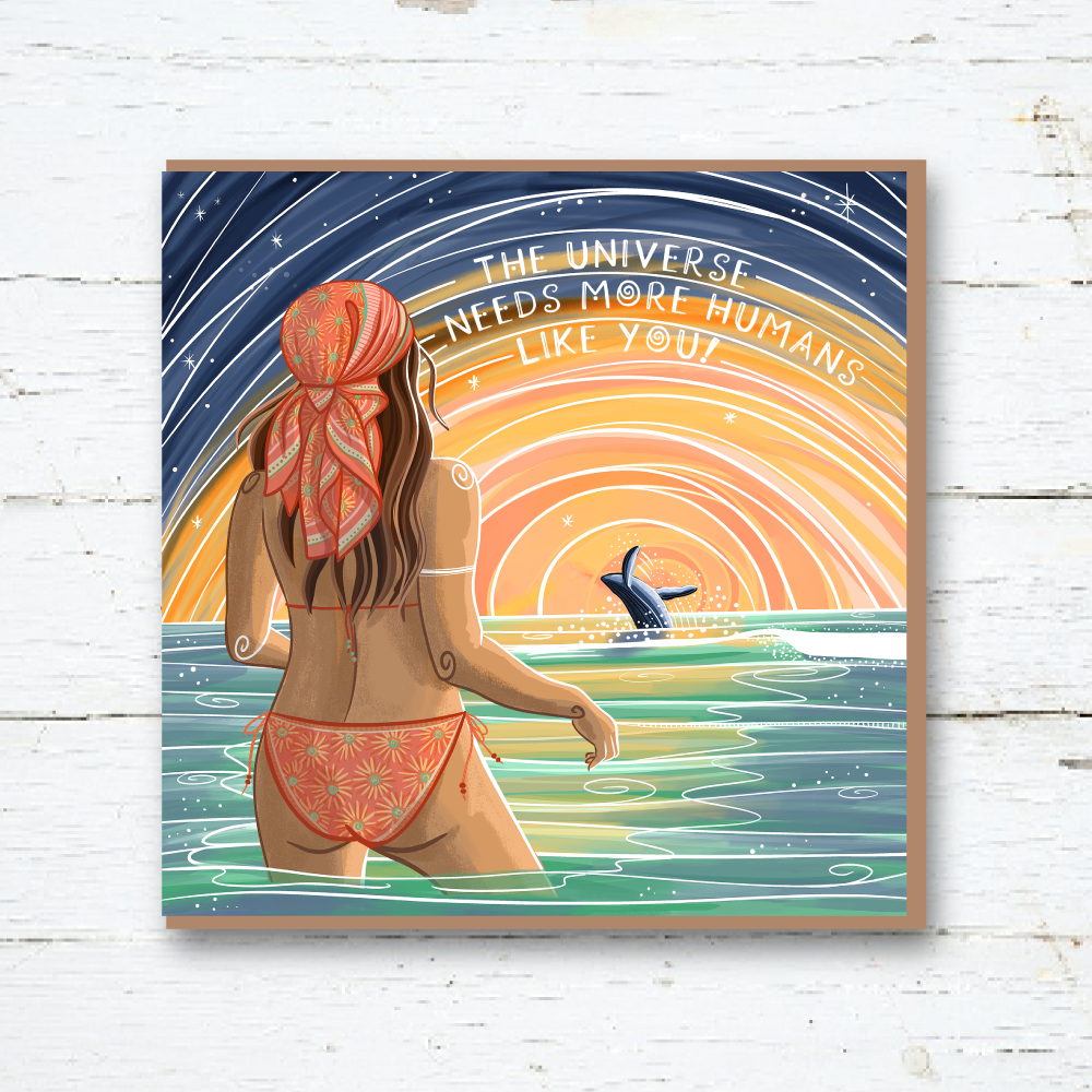 Cornwall Studios Sunset Beauty Card - woman in the ovean wathching the sunset as a whale breaches in the distance
