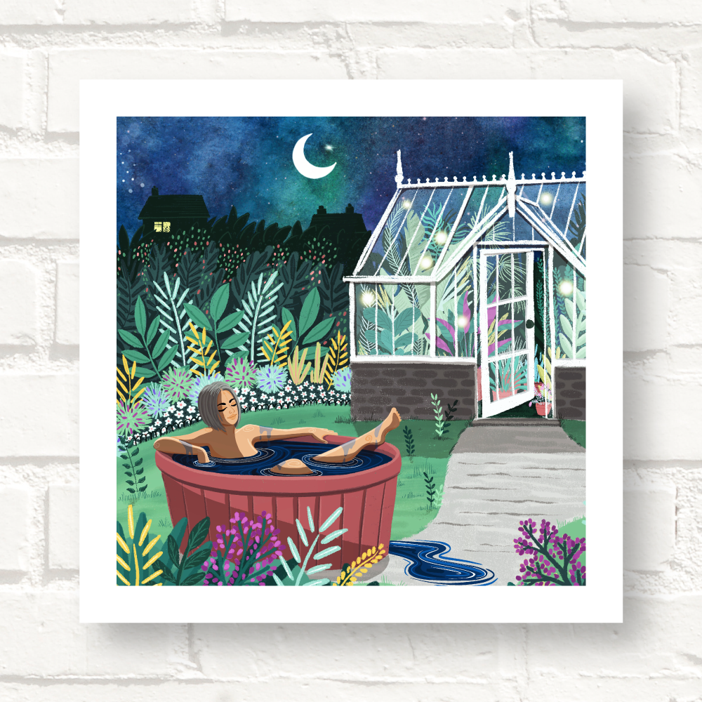 Cornwall Studios Art Print - Moon Bath, woman in Ice Bath in garden