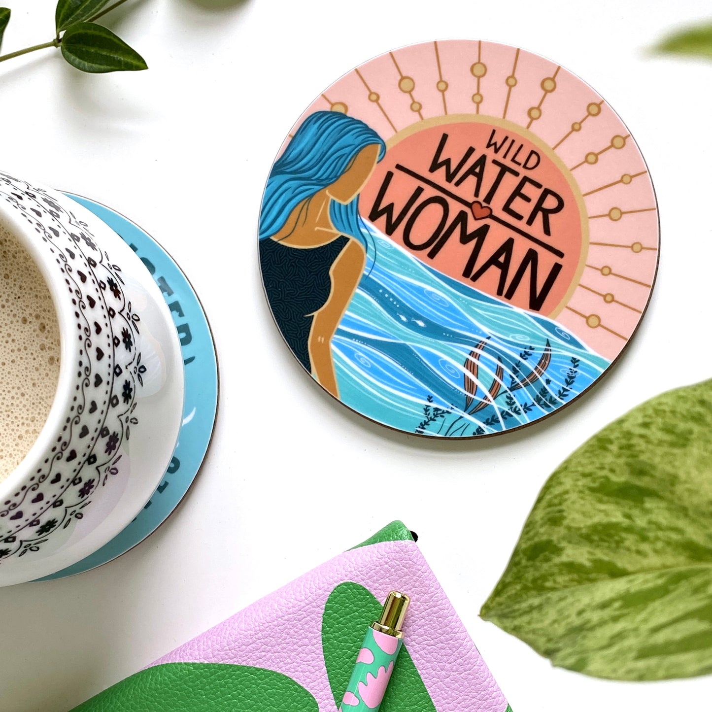 Cornwall Studios - Wild Water Woman Coaster - Sea Swimming Design - Peach