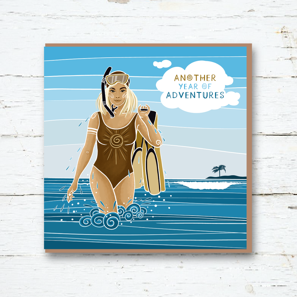Cornwall Studios Birthday Card of a woman walking out of the water with Scuba equipment
