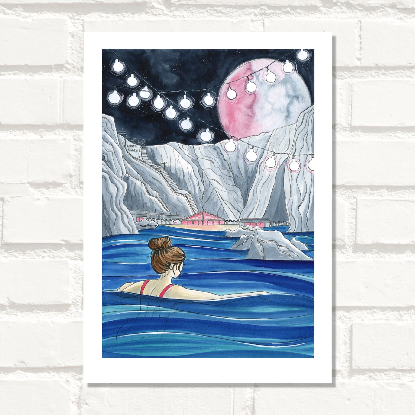 Full Moon Swim @ Lusty Glaze - A3 Hand Finished Print