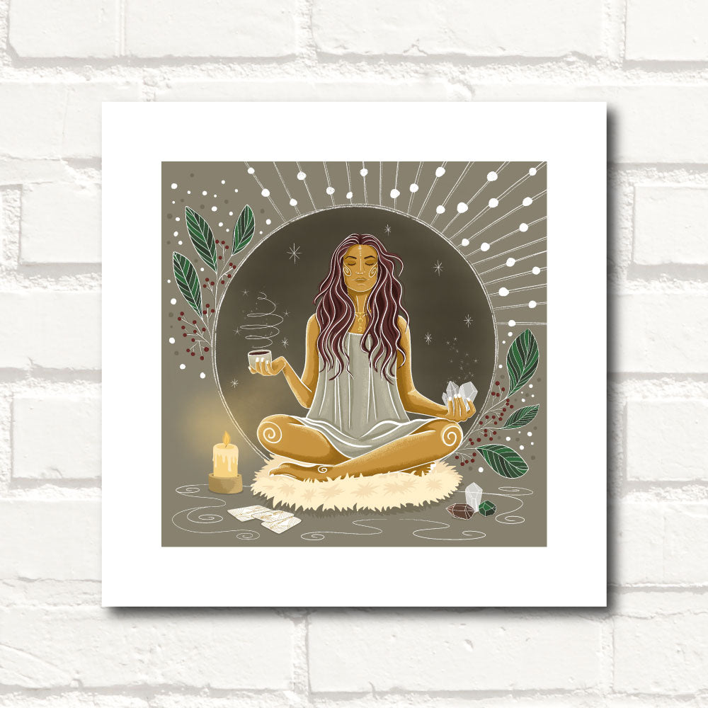 Meditation practice - woman with Sacred Cacao, crystals, candles and Tarot cards