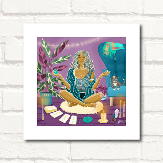 Meditation Art Print - woman manifesting with crystals