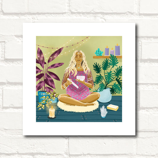 Woman meditating with crystal singing bowls