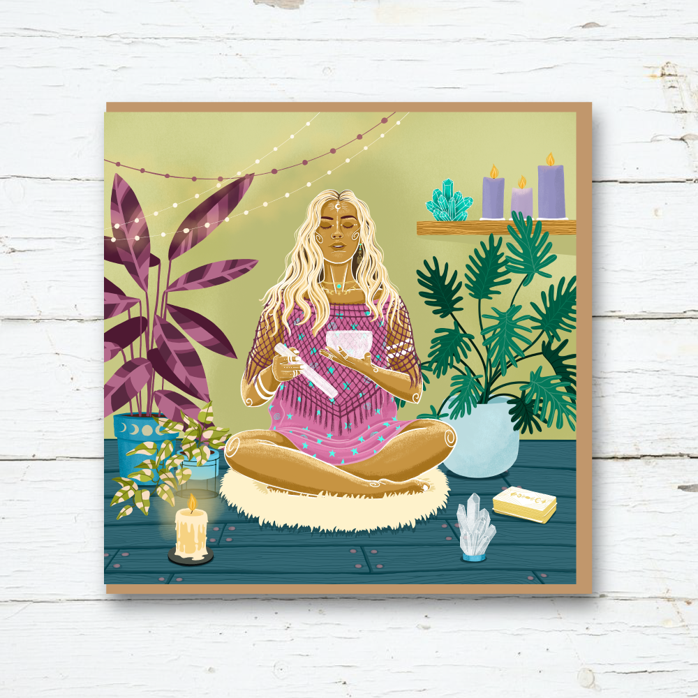 Meditating with a sining bowl, blonde woman, greetings card